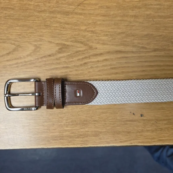 Tommy Hilfiger Mens White Woven Stretch Belt Leather Trim Size Large (38 To 40) - Picture 4 of 8